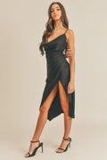 Black Cowl Neck Satin Draped Midi