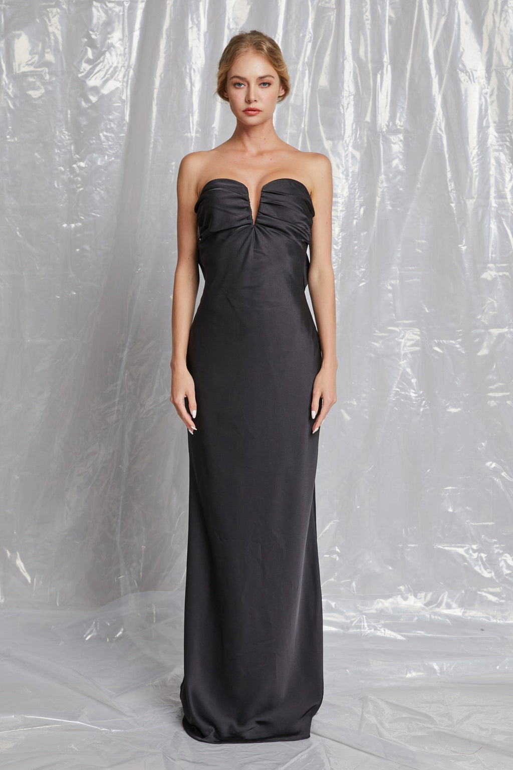 Black Satin Strapless Bow Back Maxi