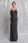 Black Satin Strapless Bow Back Maxi