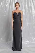 Black Satin Strapless Bow Back Maxi