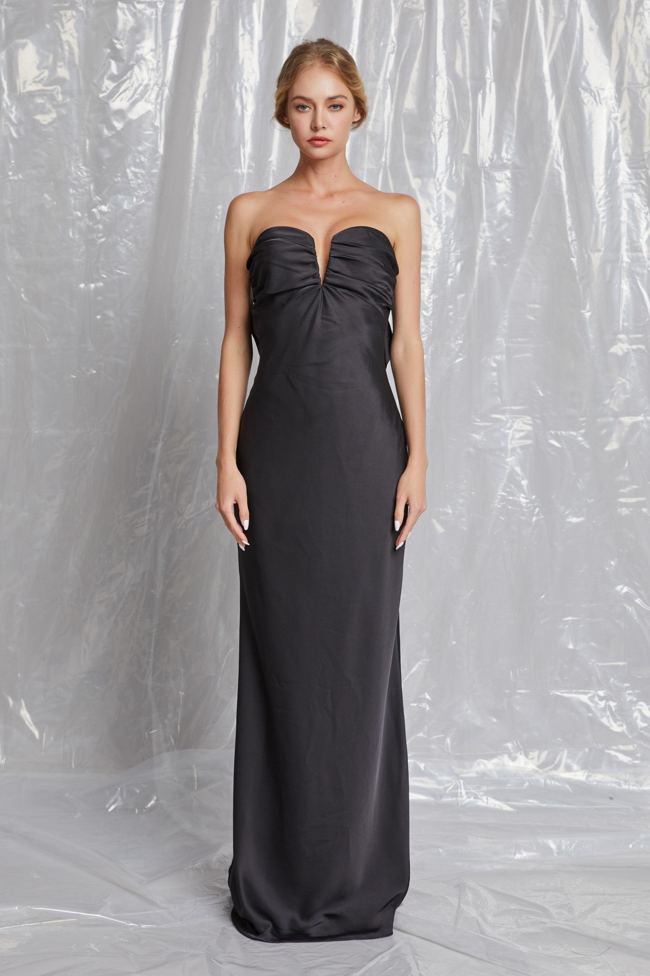 Black Satin Strapless Bow Back Maxi