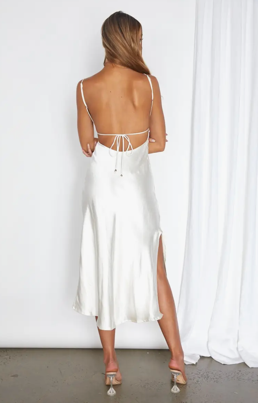 White Square Neck Satin Midi