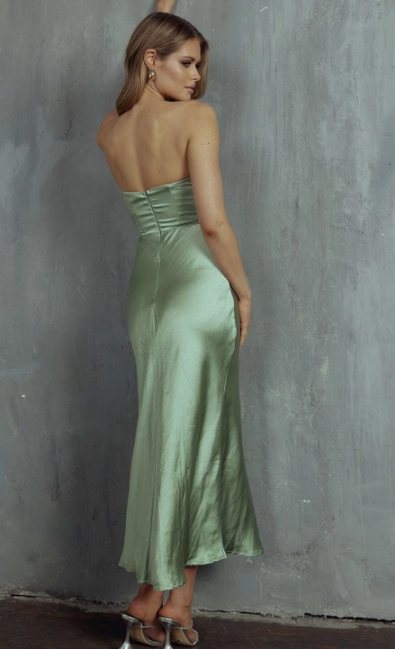 Sage CrissCross Strapless Satin Midi