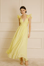 Yellow Ruffle Strap Linen Maxi