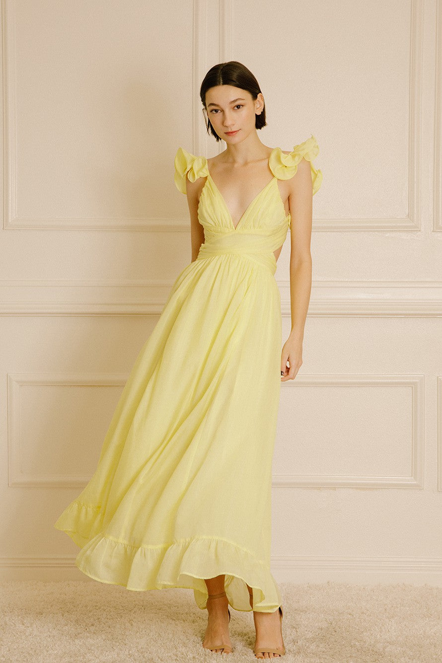 Yellow Ruffle Strap Linen Maxi