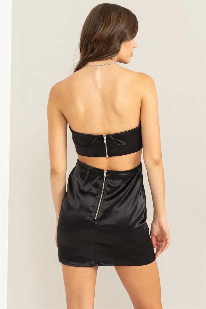 Black Strapless Satin Cut Out Mini