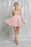 Pink Metallic Strapless Pleated Mini