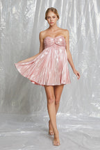 Pink Metallic Strapless Pleated Mini