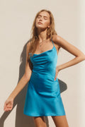 Bright Blue Satin Cowl Neck Mini