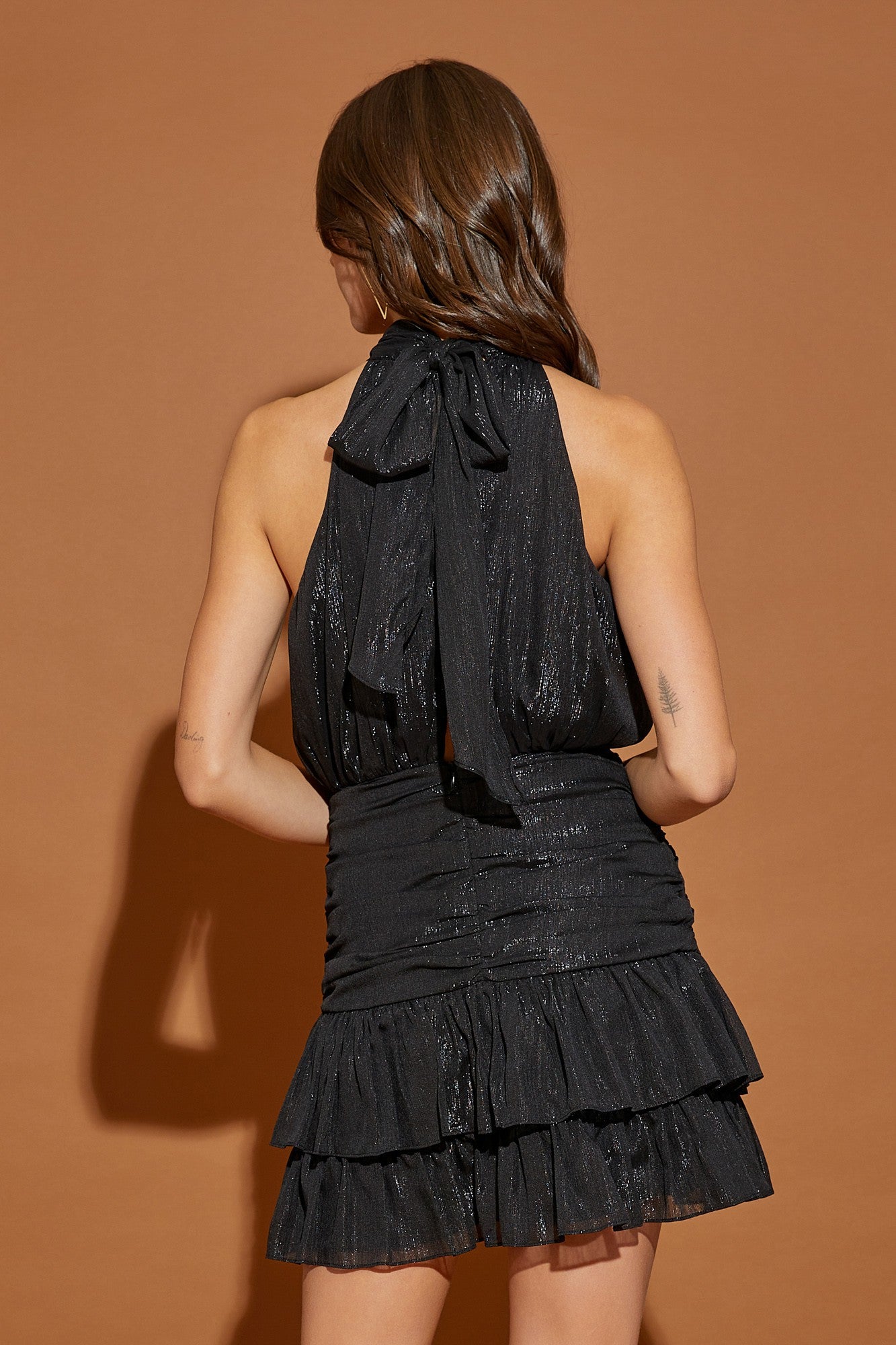 Black High Neck Sparkle Ruched Mini