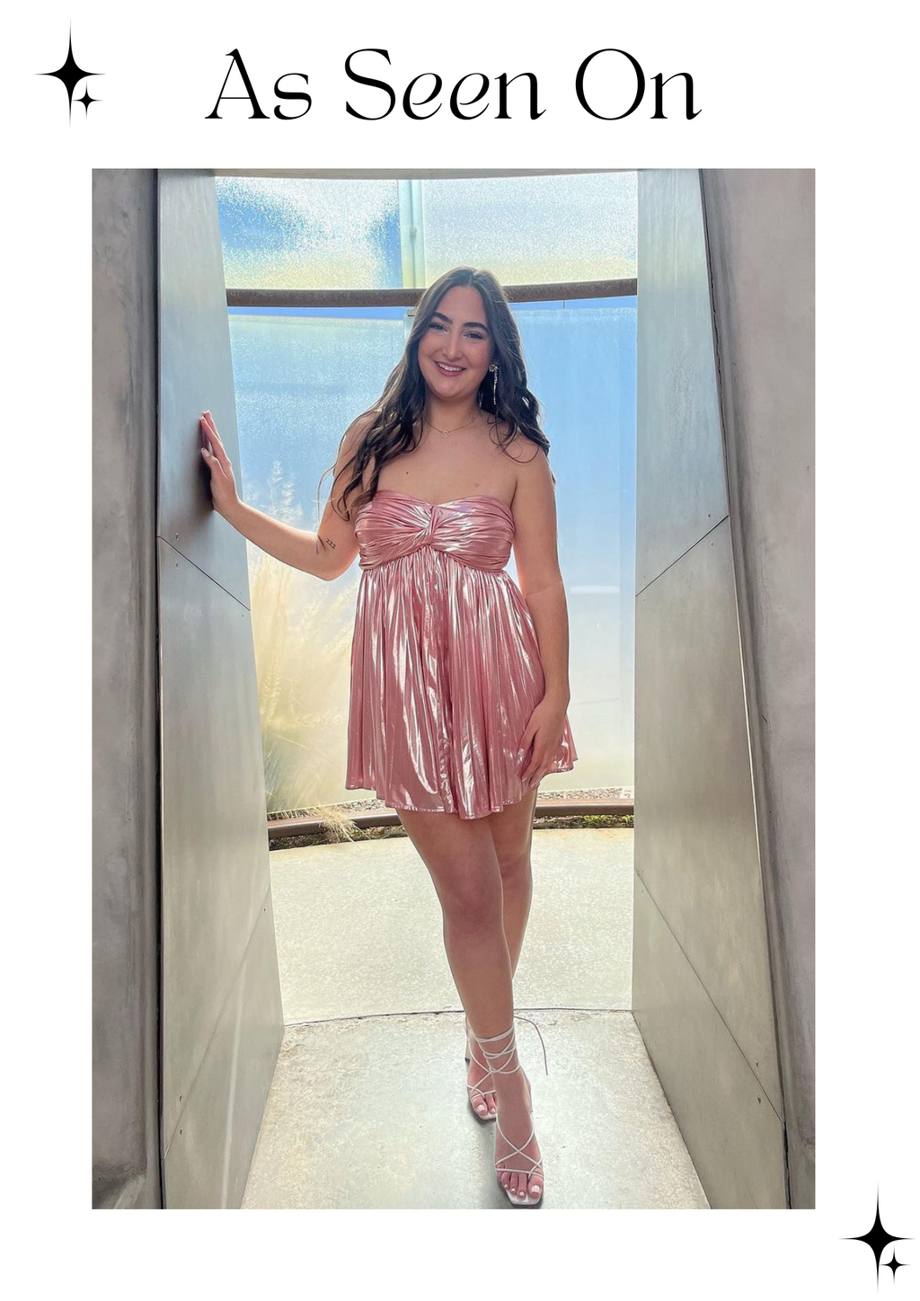 Pink Metallic Strapless Pleated Mini