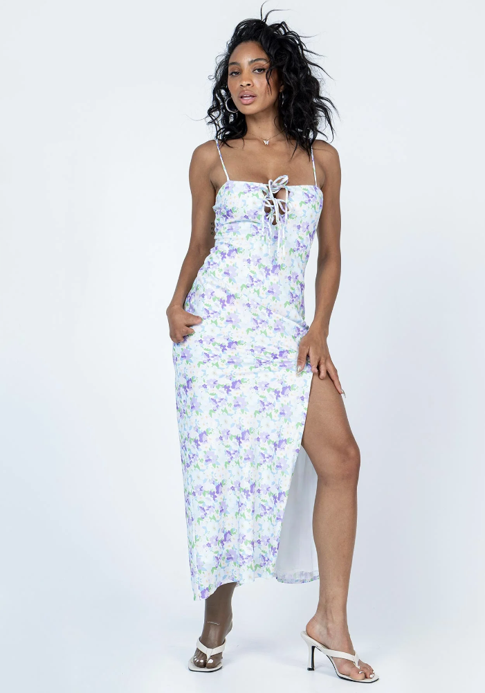Blue and Purple Floral Tie Front Maxi