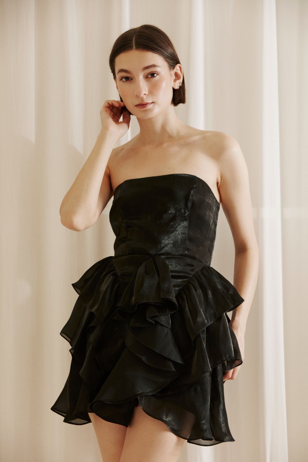Black Chiffon Strapless Ruffle Bottom Mini