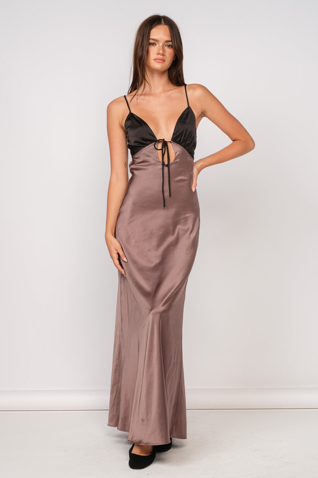 Taupe & Black Color Block Satin Maxi