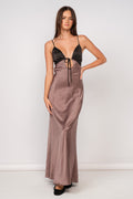 Taupe & Black Color Block Satin Maxi