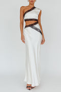 White One Shoulder Black Lace Trim Maxi
