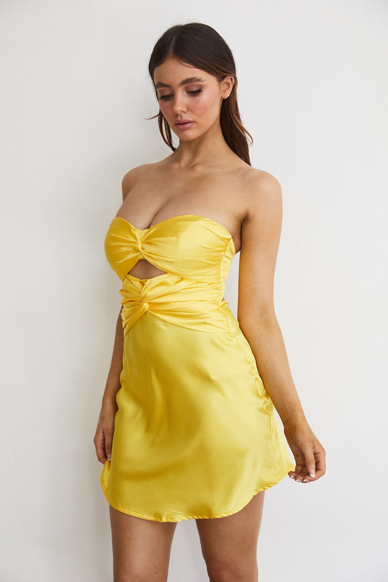 Yellow Strapless Satin Cut-Out Mini