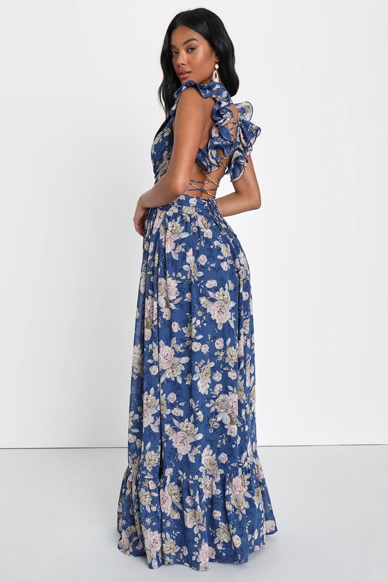 Blue Floral Ruffle Lace-Up Maxi