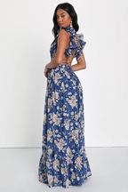 Blue Floral Ruffle Lace-Up Maxi