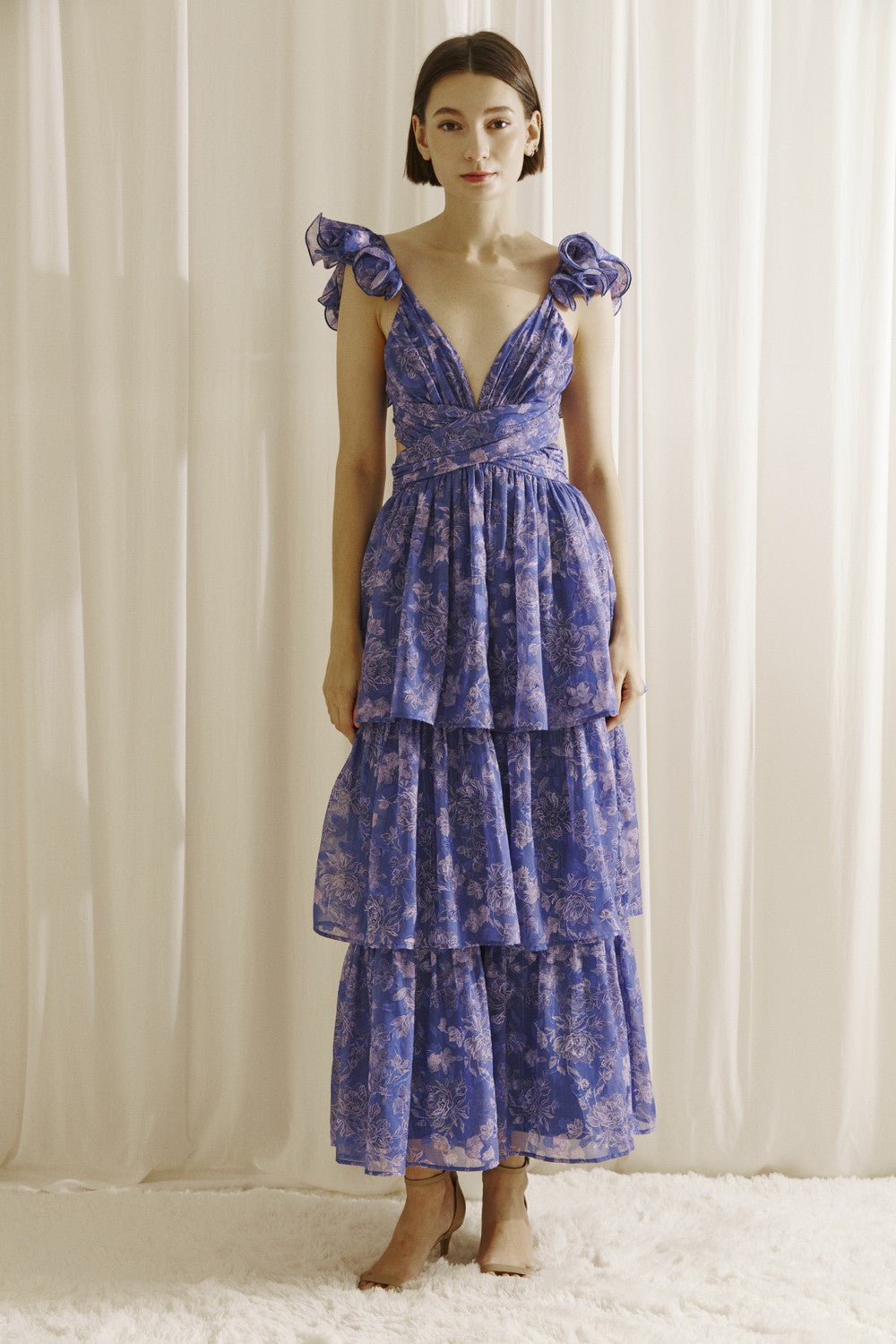 Purple Romantic Floral Ruffle Maxi