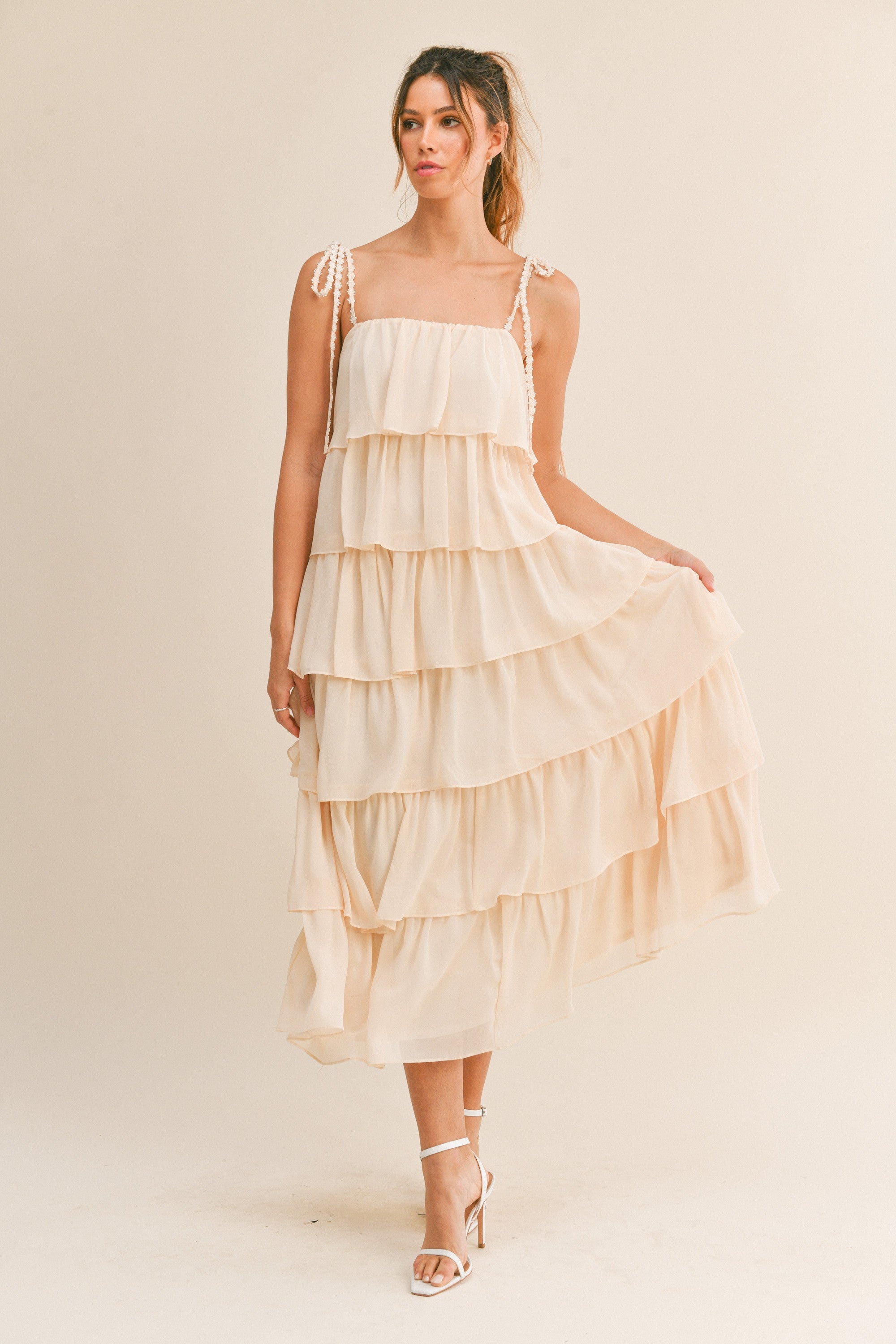 Beige Tiered Linen Midi