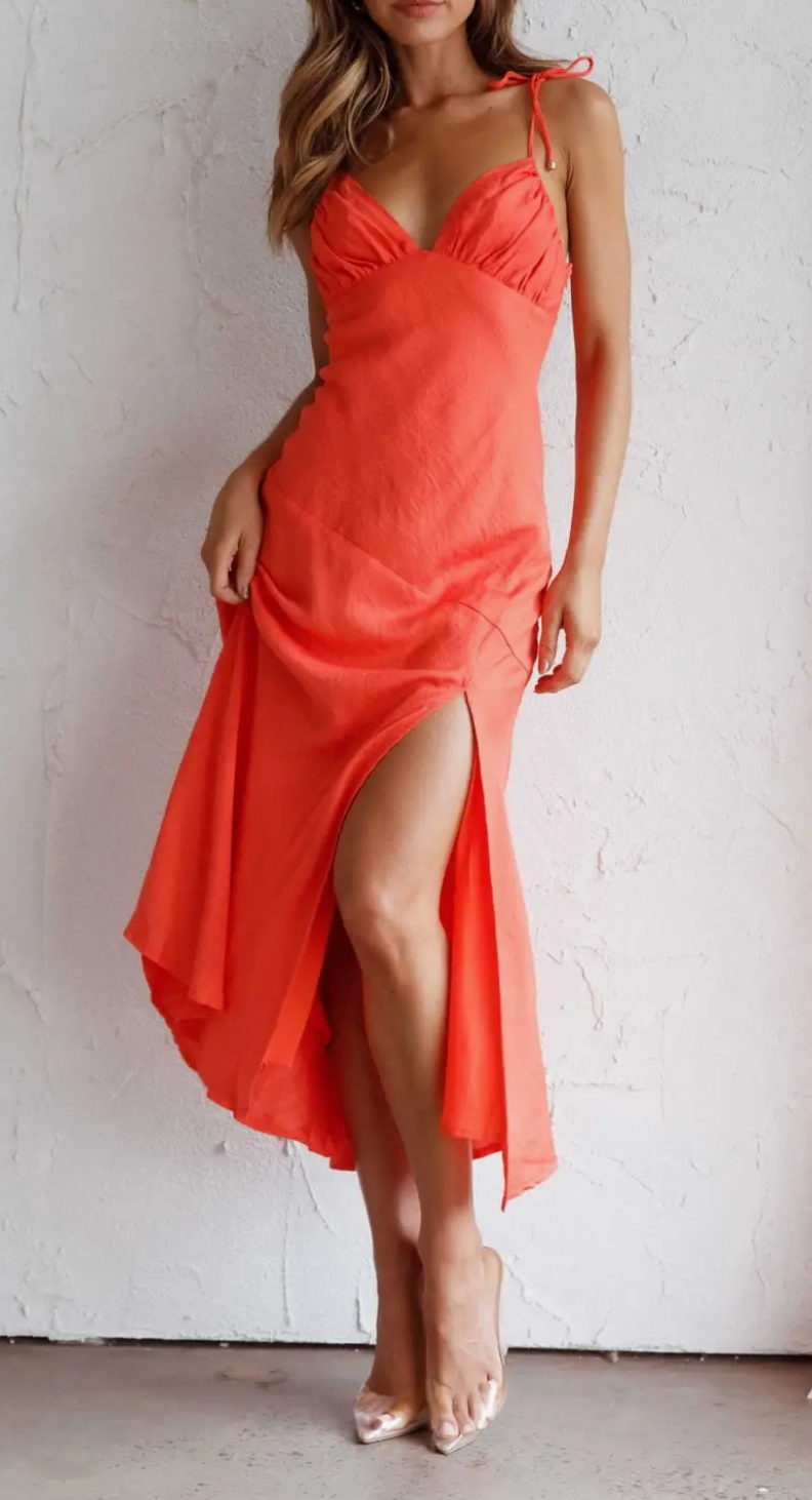 Coral Gathered Bust High Slit Midi