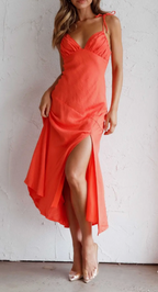 Coral Gathered Bust High Slit Midi
