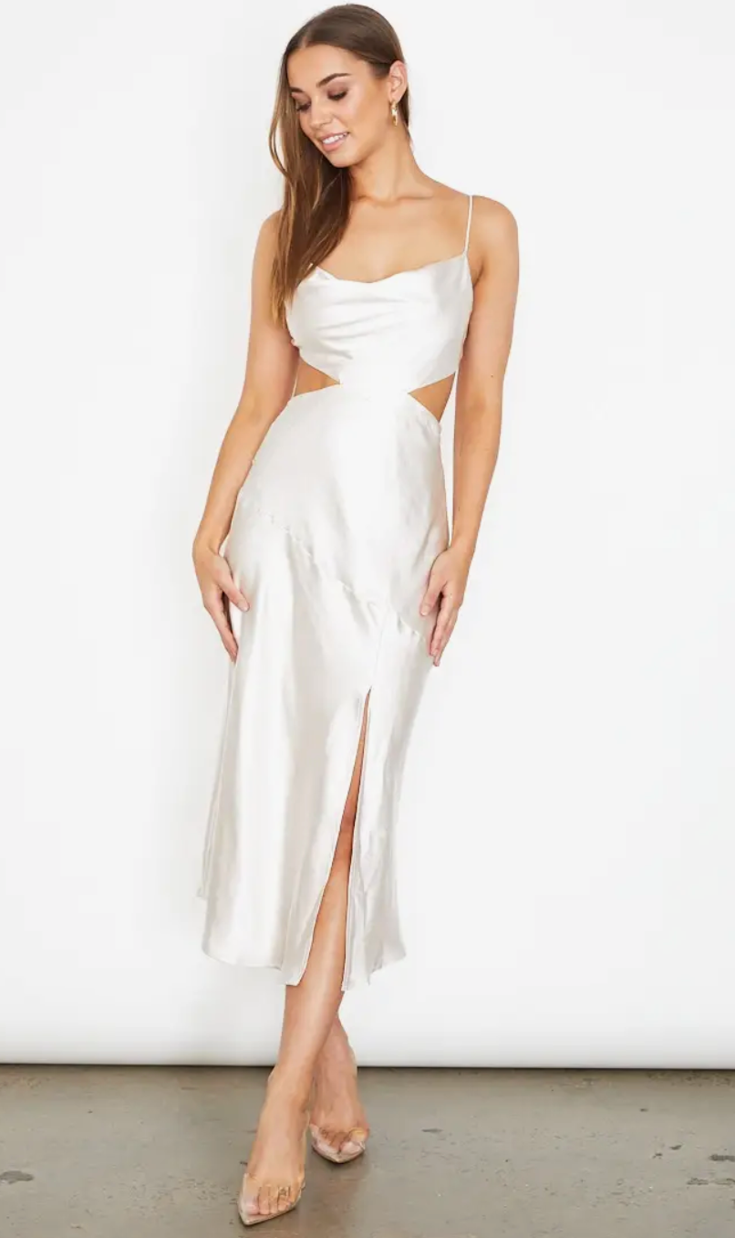 Champagne Cowl Neck Cut-Out Satin Midi