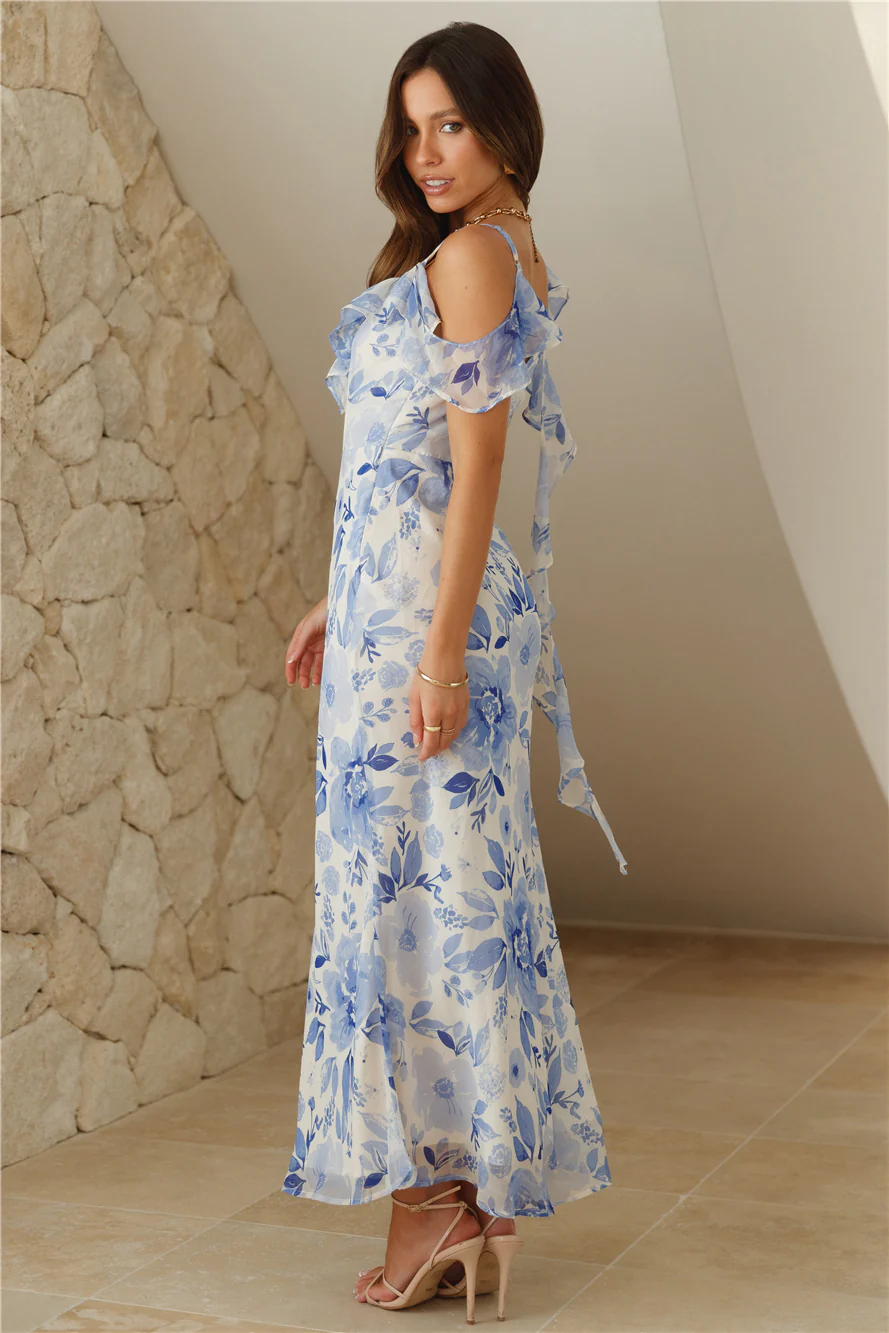 Blue Floral Ruffle Detail Maxi