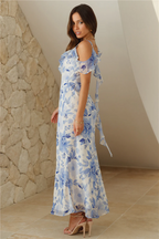 Blue Floral Ruffle Detail Maxi