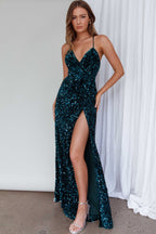 Emerald Velvet Sequin High Slit Maxi