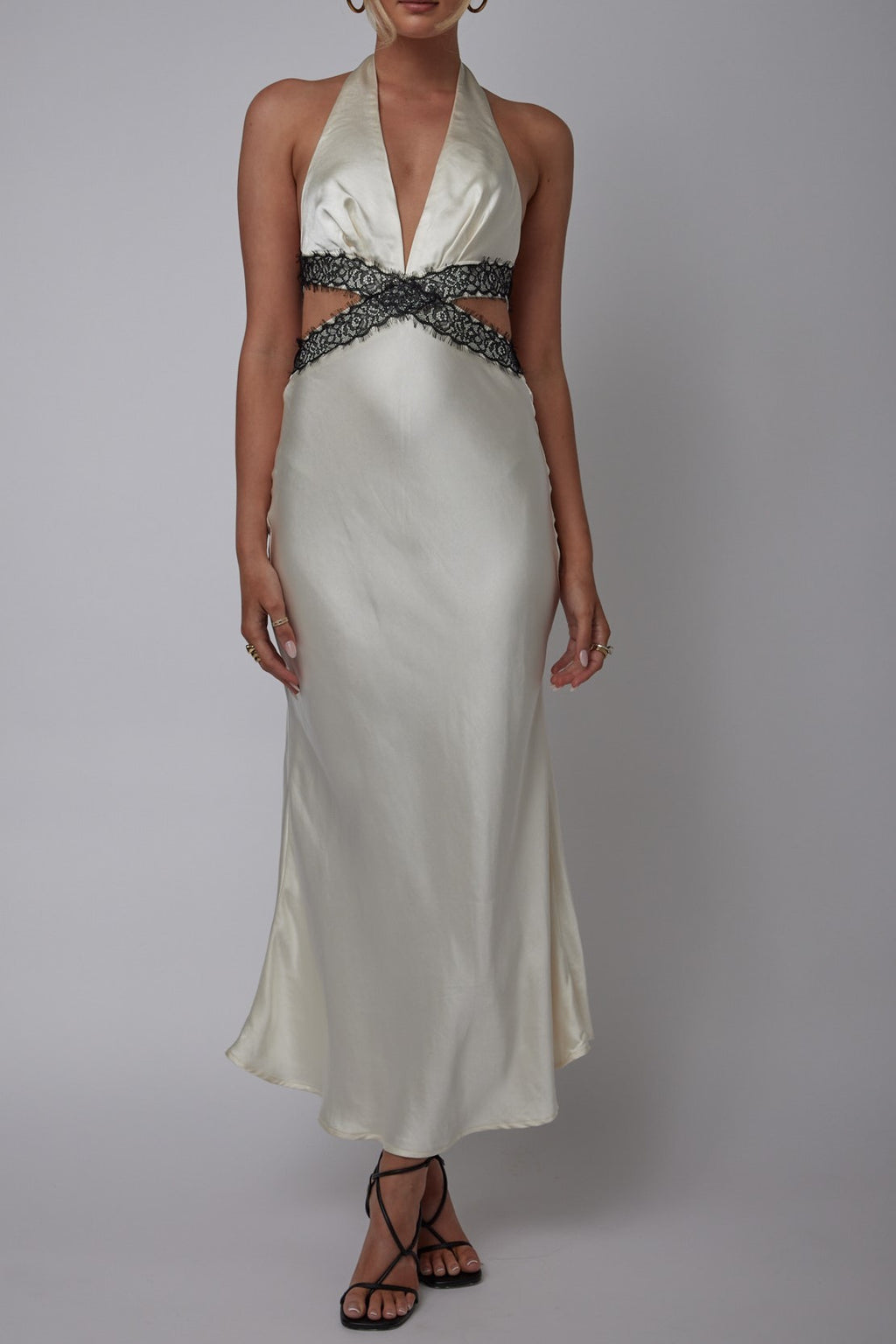 Ivory Black Lace CrissCross Side Cut-Out Maxi