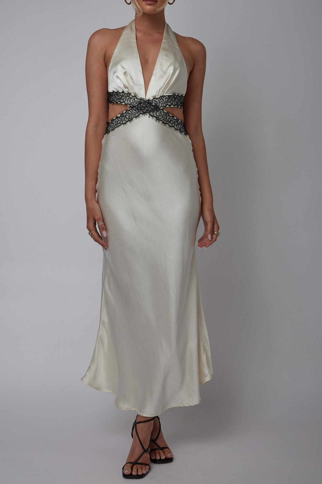 Ivory Black Lace CrissCross Side Cut-Out Maxi