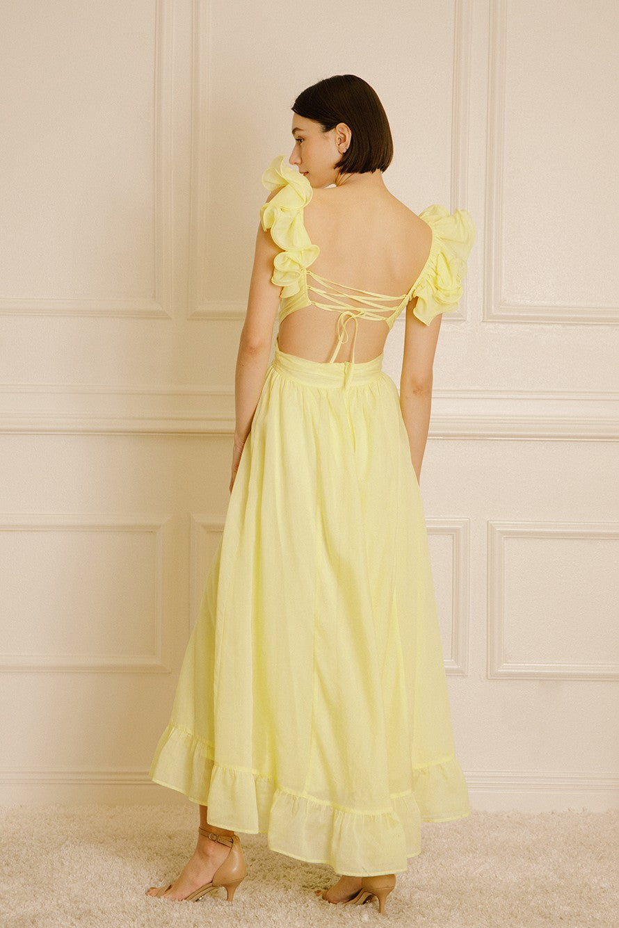 Yellow Ruffle Strap Linen Maxi