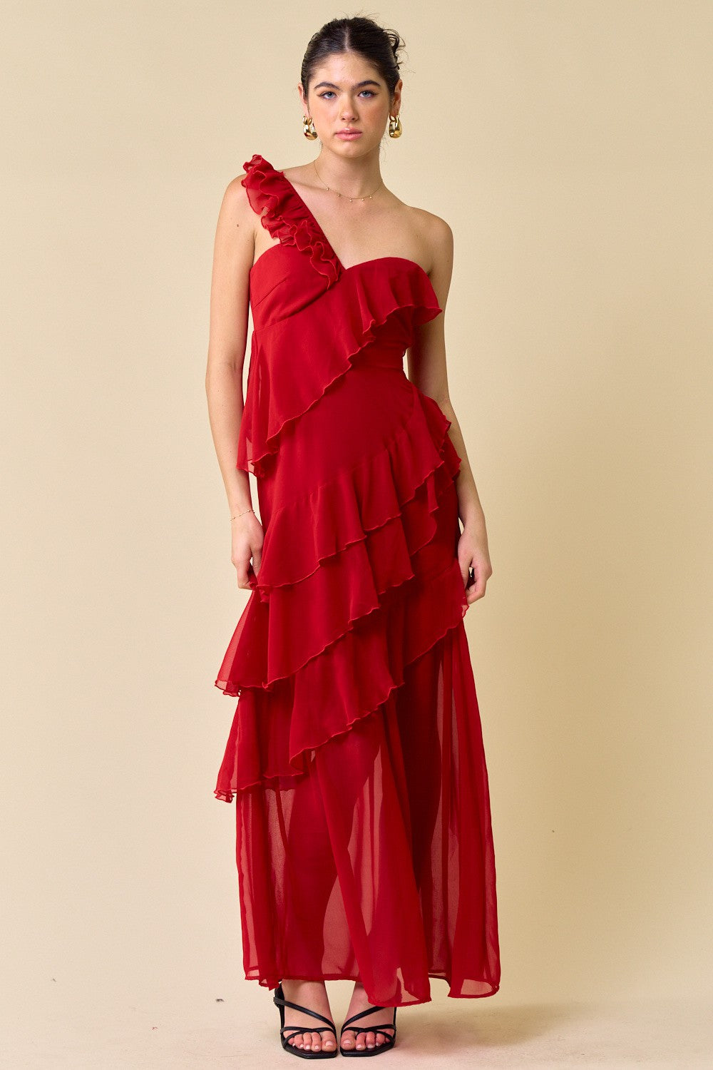 Red One Shoulder Asymmetrical Ruffle Maxi