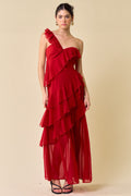 Red One Shoulder Asymmetrical Ruffle Maxi