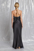 Black Satin Strapless Bow Back Maxi