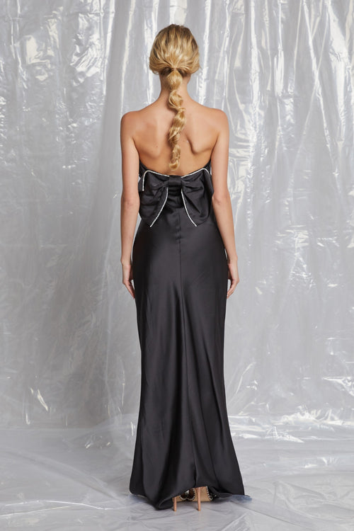 Black Satin Strapless Bow Back Maxi