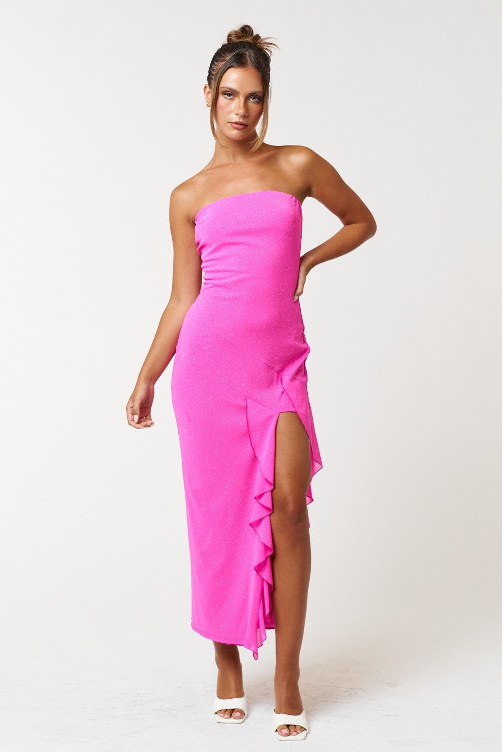 Hot Pink Glitter Strapless Midi
