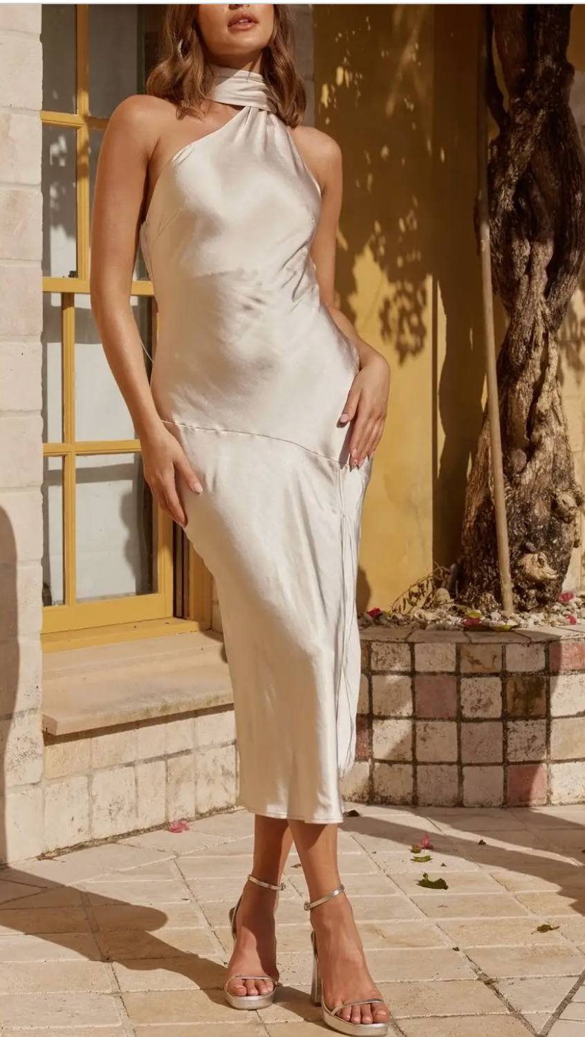 Champagne Scarf Detail Satin Midi