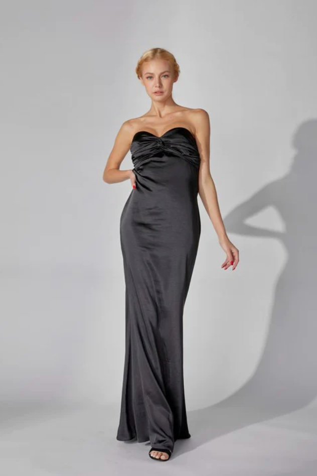 Black Strapless Crossed Shirring Tube Maxi