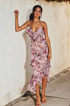Purple Floral Ruffle High Slit Midi