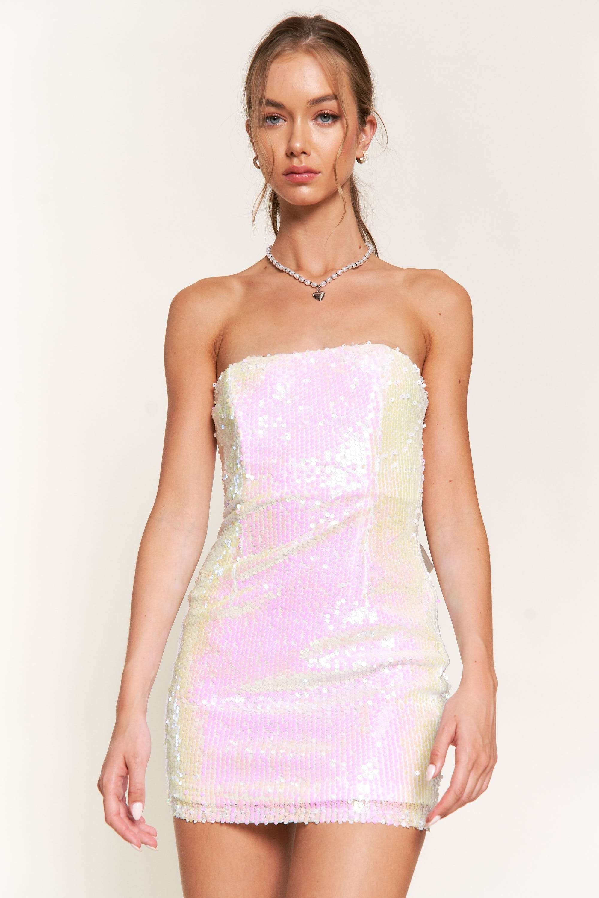 White Strapless Sequin Bow Back Mini