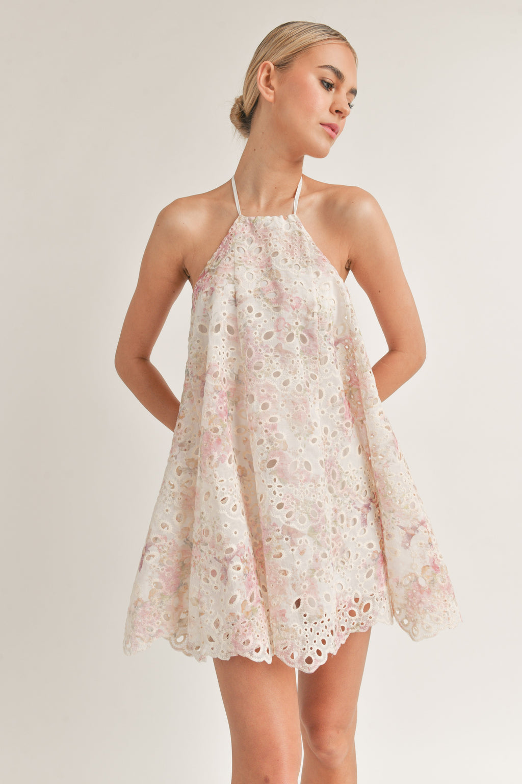Pink and White Eyelet Halter Mini