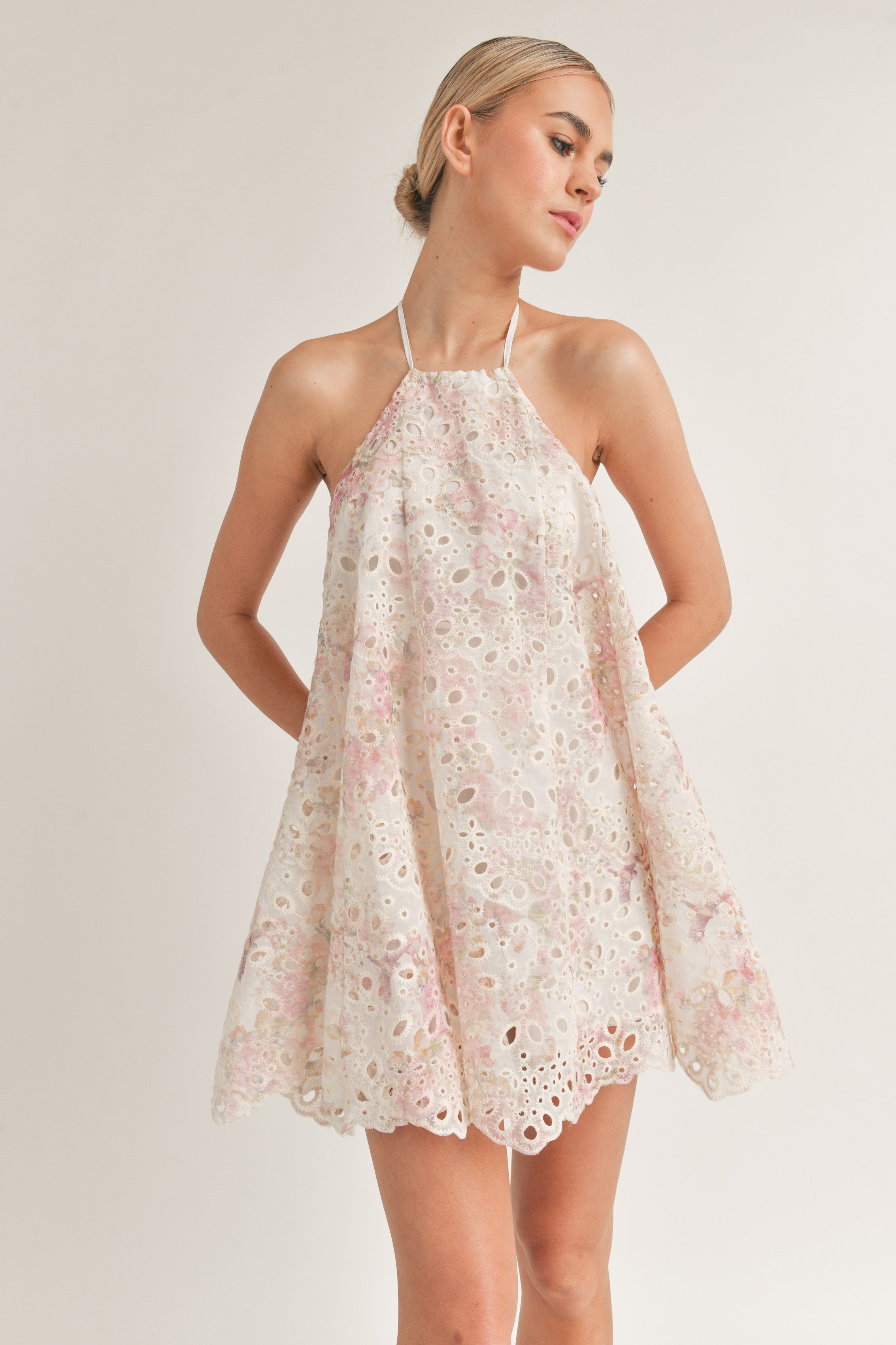 Pink and White Eyelet Halter Mini