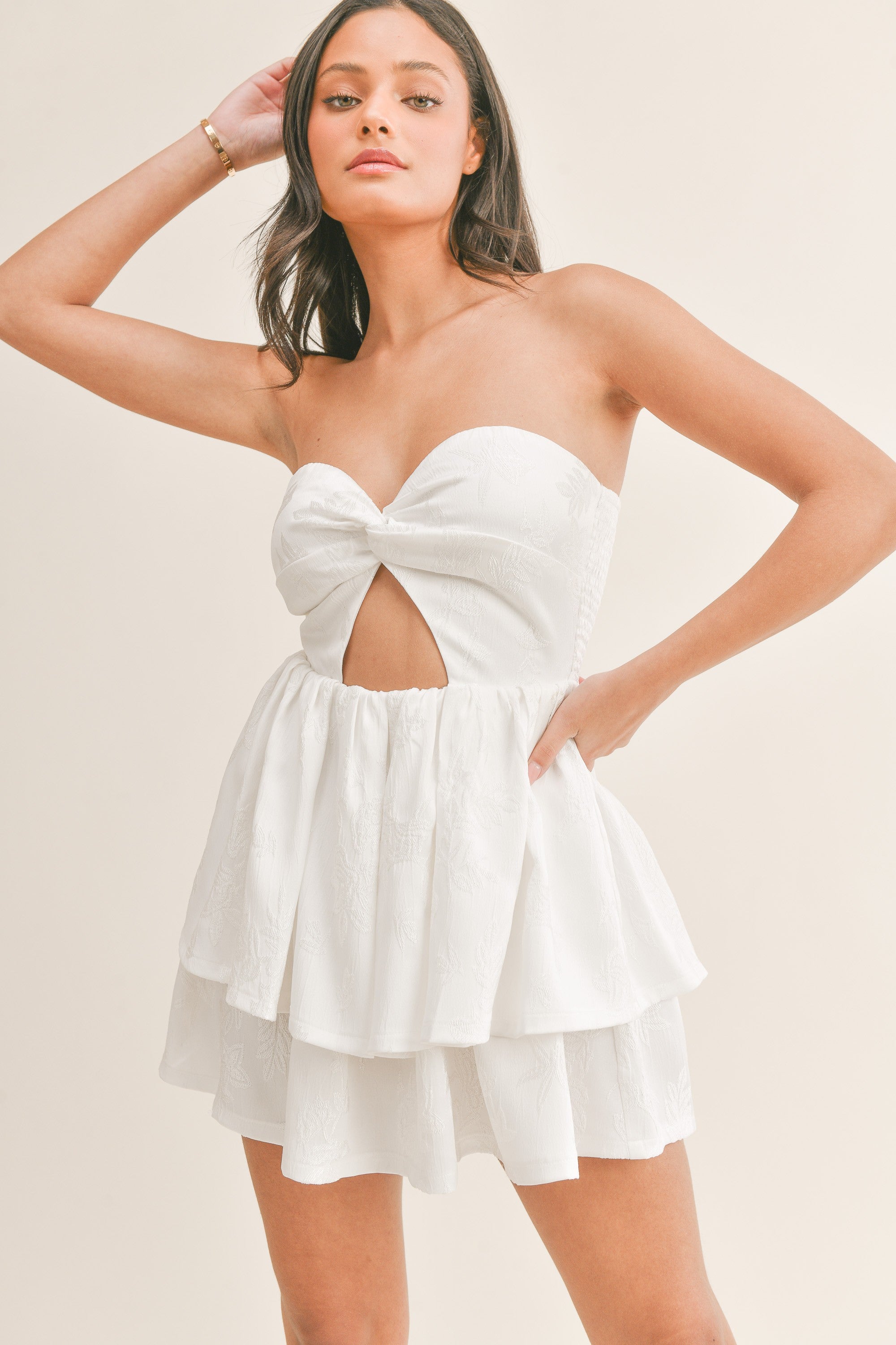 White Strapless Keyhole Textured Mini