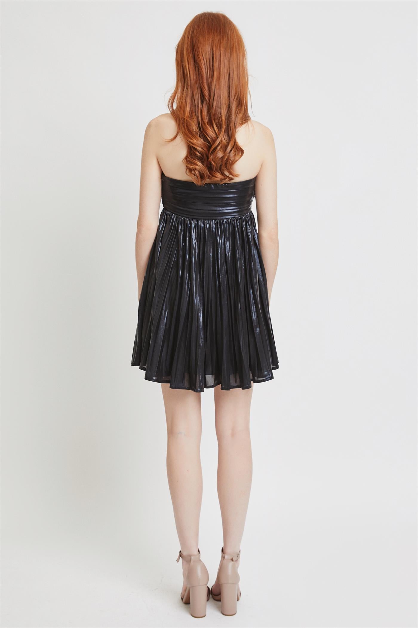 Black Metallic Strapless Pleated Mini