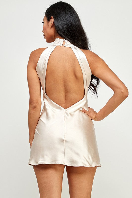 Champagne High Neck Satin Mini