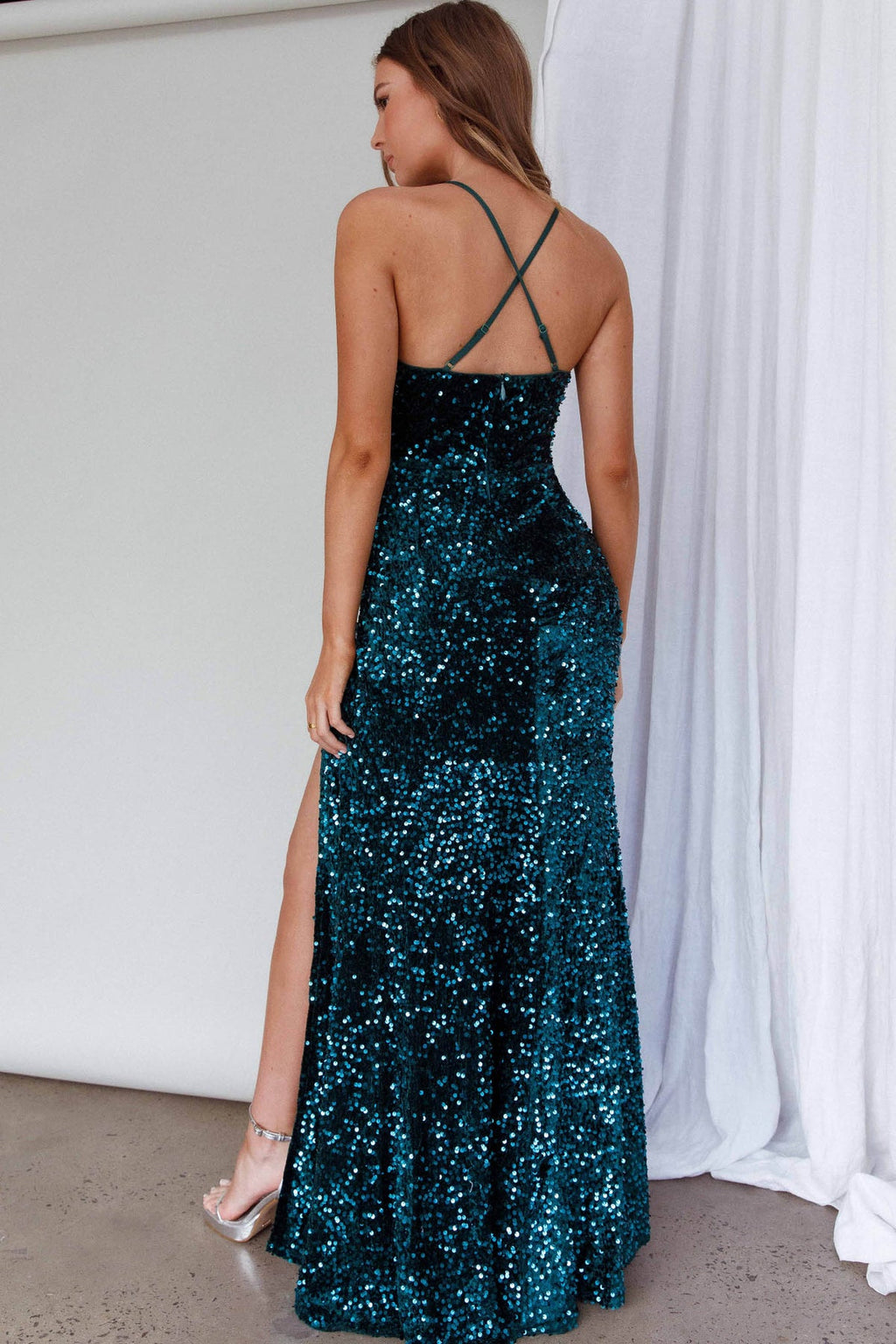 Emerald Velvet Sequin High Slit Maxi