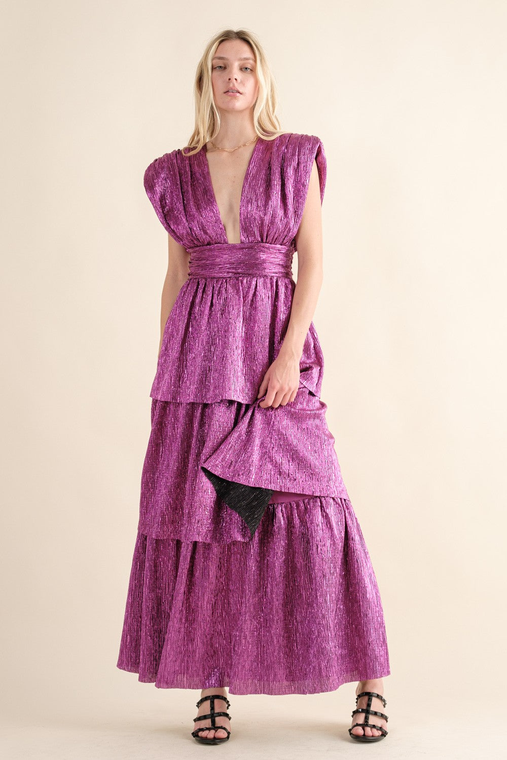 Pink Metallic Tiered Maxi